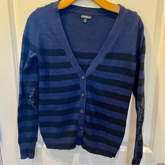 Women’s SZ S EXPRESS Royal blue and Black Striped V-Neck Sequin Elbow Cardigan - Picture 7 of 14